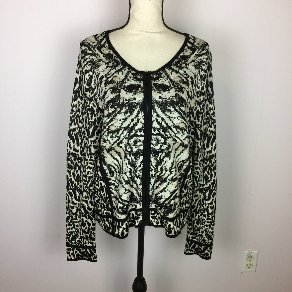 Chico's Cardigan Sweater Size 2 Womans L Back Beige Printed Zip Up Stretch Knit